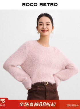 ROCO秋季新款时髦短款长毛绒仿貂绒圆领加厚套头毛衣港风加厚上衣