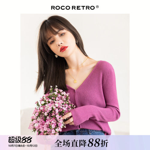 ROCO紫色v领针织衫外搭小开衫女