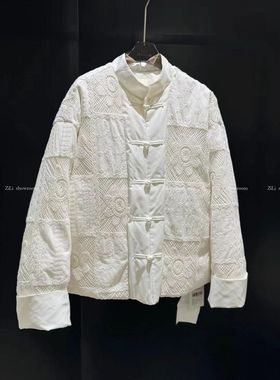 「蹉跎伶俐」sennos zhou白色镂空中式羽绒服冬季休闲加绒短外套