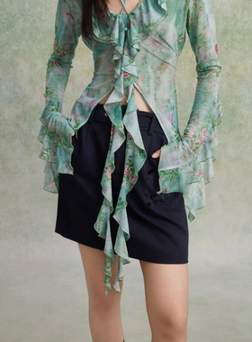 SEJIE色孑 十二花神藏蓝色醋酸半身裙25夏新款醋酸重工刺绣A字裙