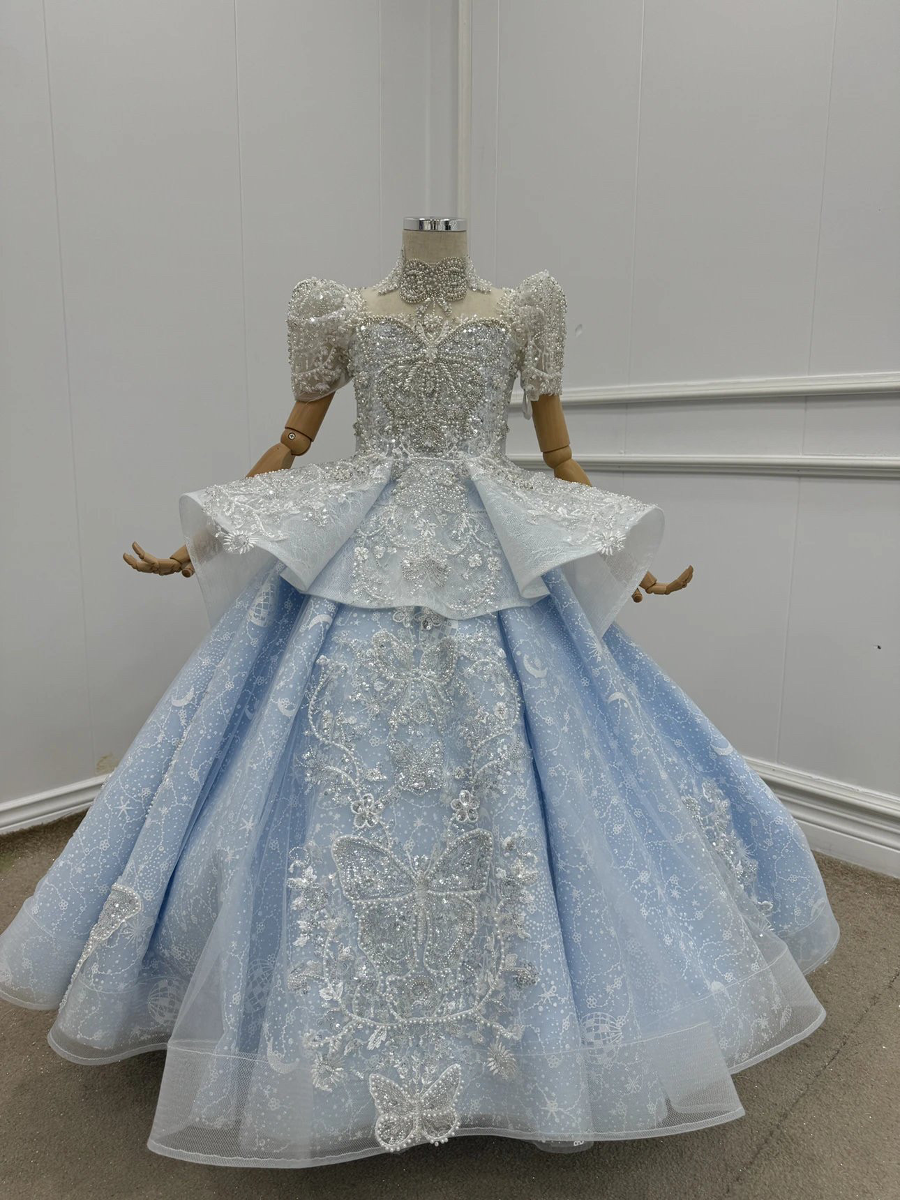 出租高端蓝色拖尾女童礼服公主裙模特走秀唱歌主持钢琴演出生日