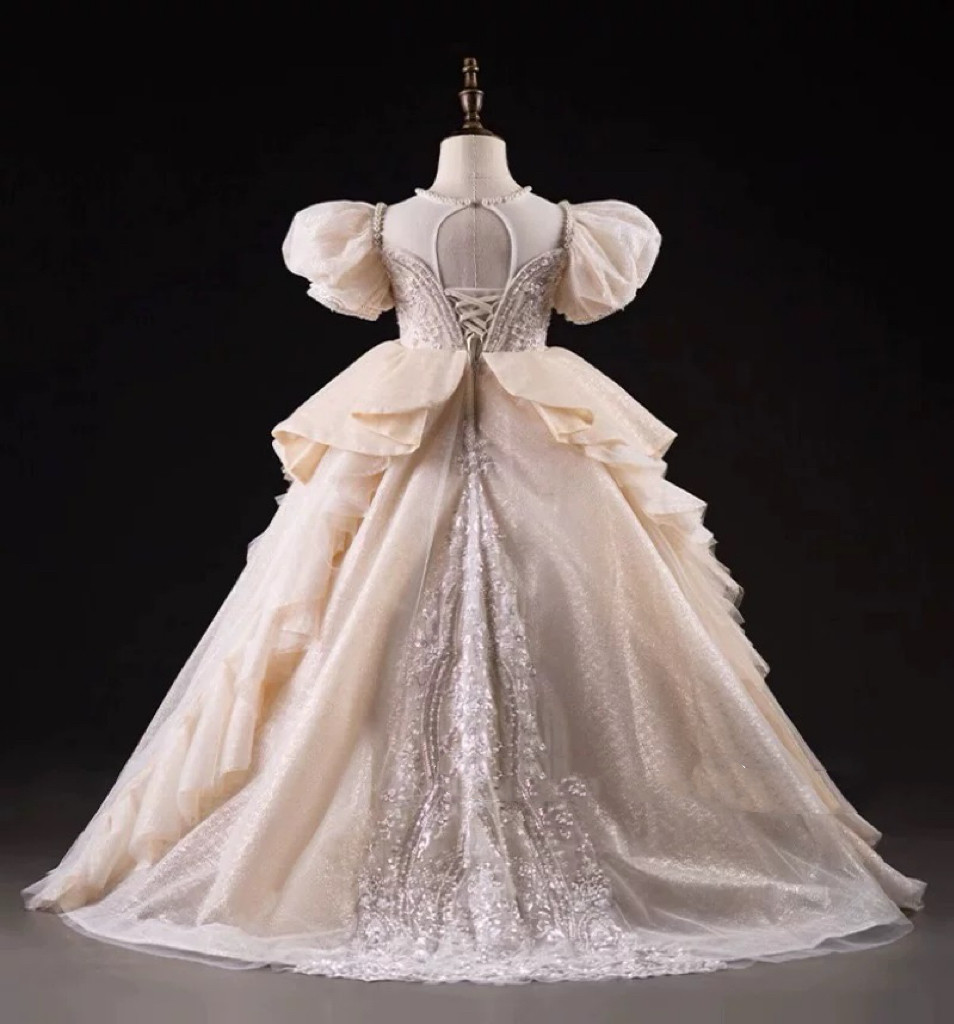 出租高端米白色拖尾女童礼服十岁生日模特走秀唱歌主持钢琴演出