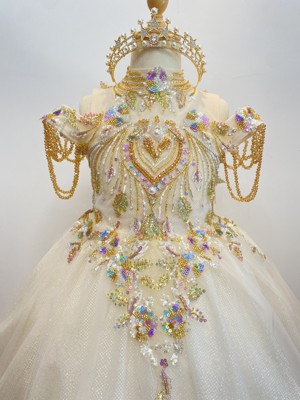 出租米白色闪亮齐地重手工儿童礼服公主蓬蓬裙走秀唱歌主持生日