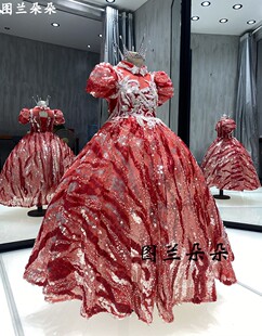 出租高档奢华红色亮片女童礼服蓬蓬裙模特走秀唱歌主持钢琴生日