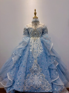 出租高端蓝色拖尾女童礼服生日花童主持人表演女孩钢琴演出服艾莎