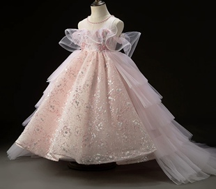 出租高端粉色拖尾可以拆卸女童礼服生日走秀唱歌主持钢琴演出服