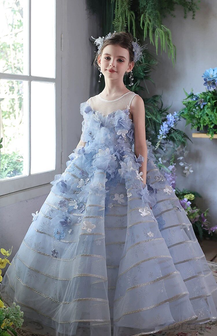 出租蓝色齐地花仙子儿童礼服女童公主裙生日主持人走秀钢琴演出服