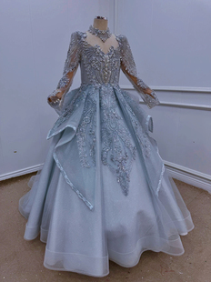 出租高端银灰色重工蓝色拖尾长袖女童礼服走秀主持钢琴演出生日