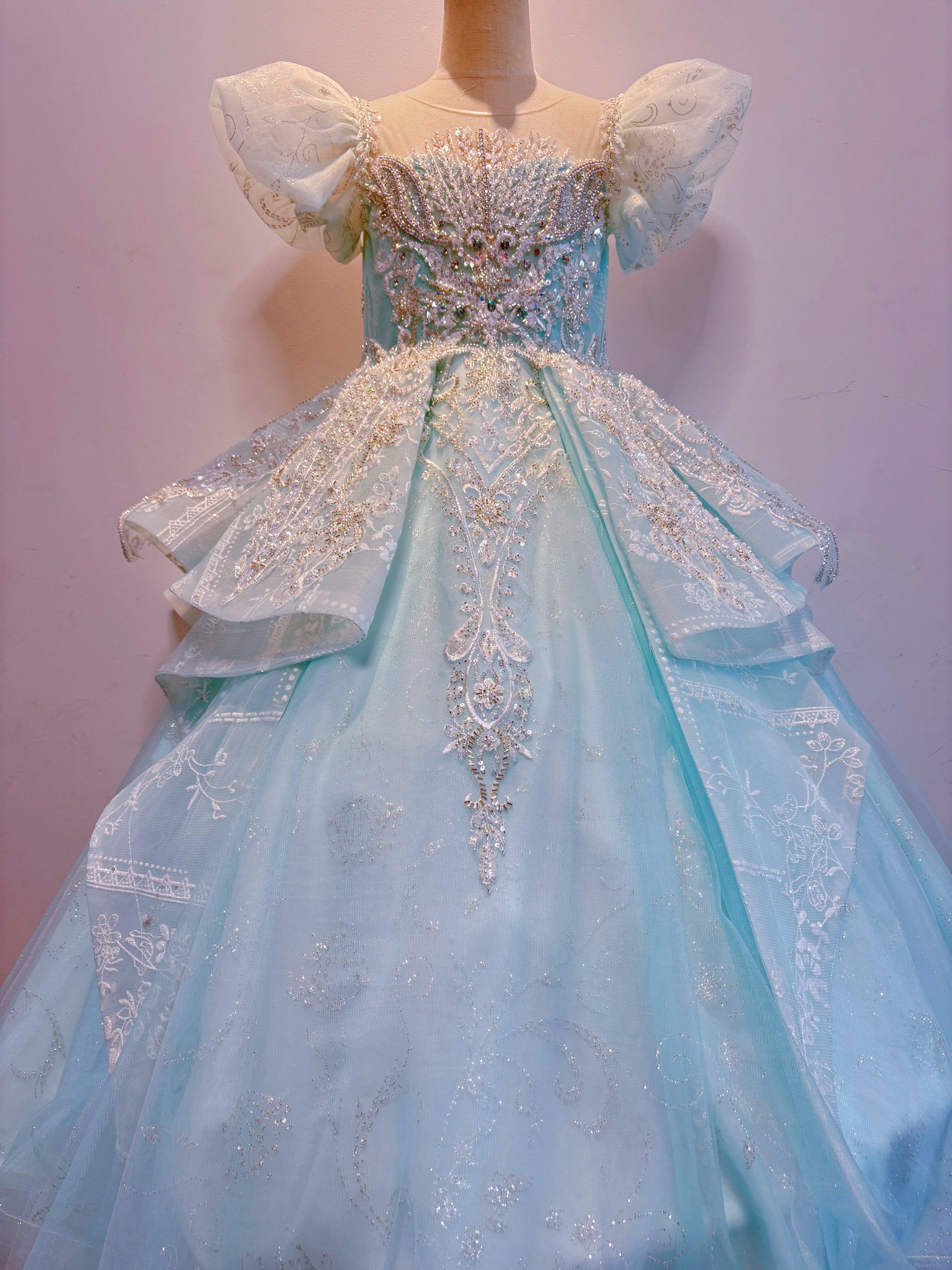 出租高端短袖重工湖水蓝色齐地走秀主持钢琴演出生日花童女童礼服