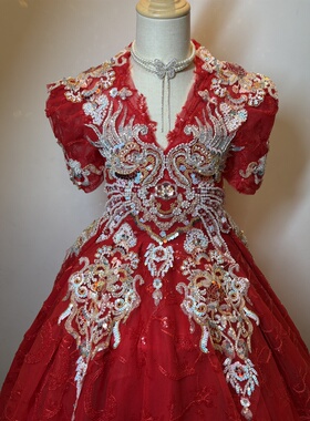 出租红色国潮走秀霸气女童礼服元旦春晚主持高定演出服唱歌模特