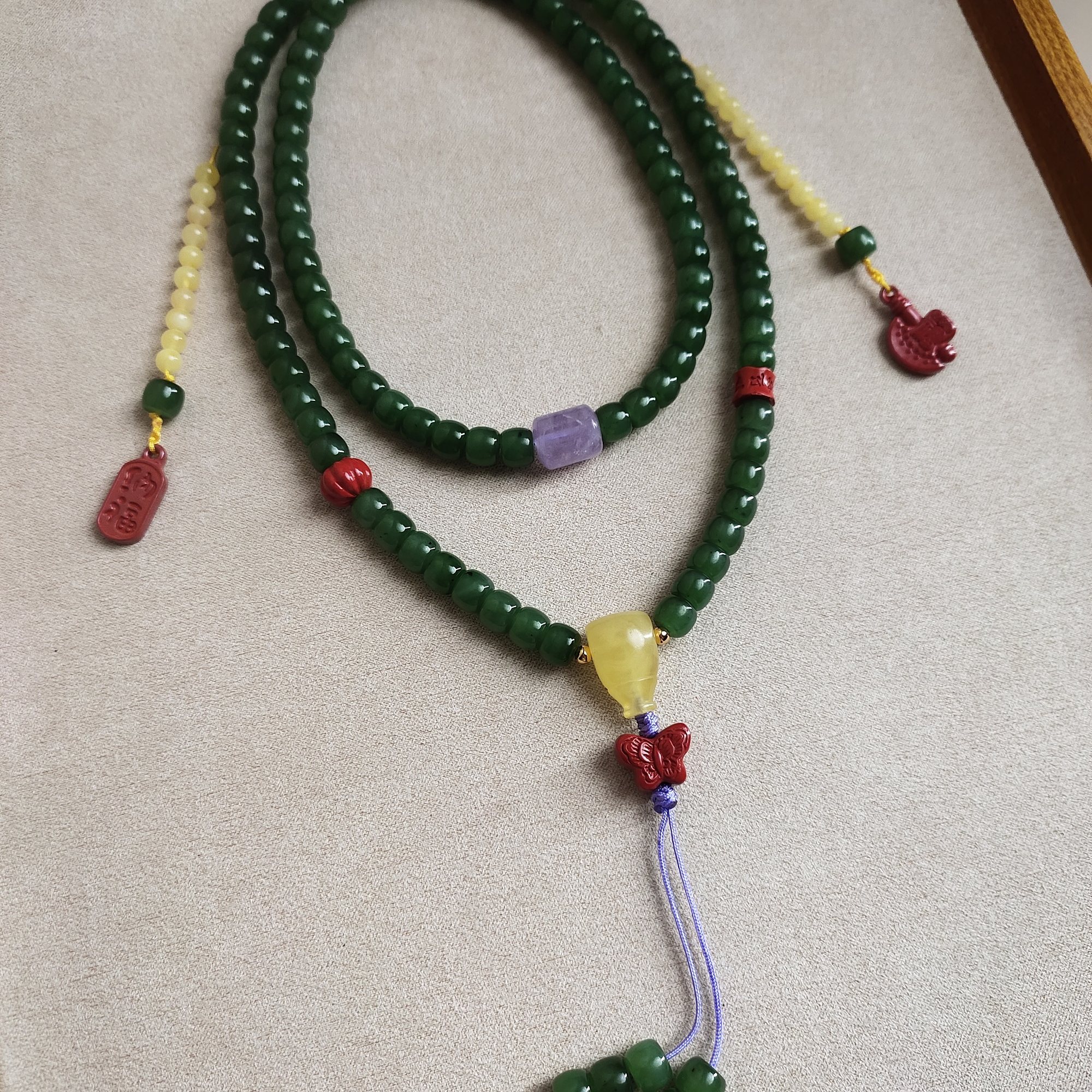 【山禾和田玉】天然碧玉串珠项链国风多彩吊坠颈饰108念珠