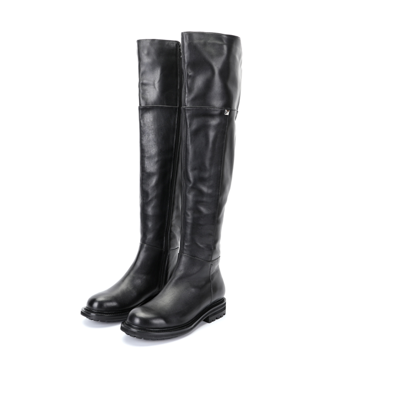 真皮高筒靴简约侧拉链粗跟过膝靴