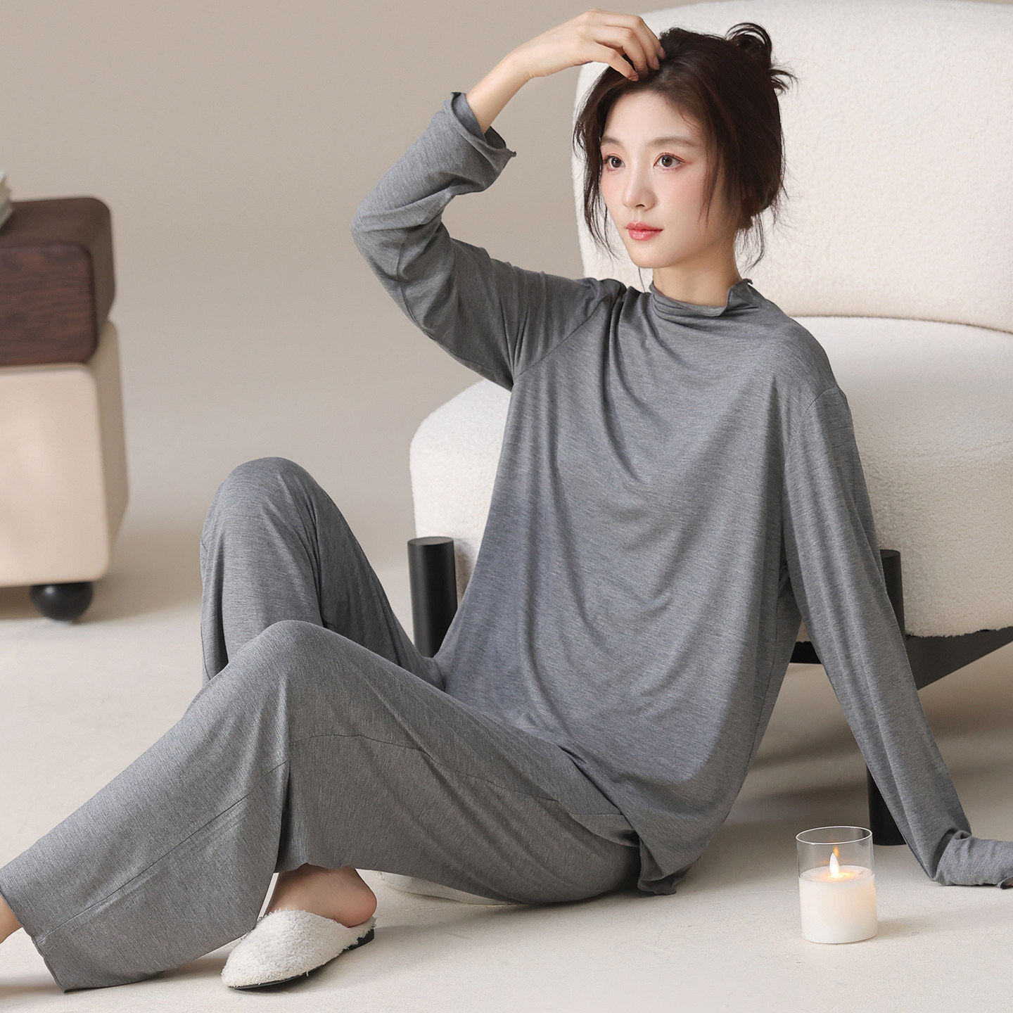 【好看高级】睡衣女秋冬季2025新款纯棉长袖半高领灰色御姐家居服