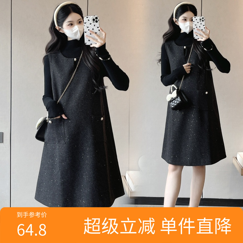 实拍秋冬季新款黑灰色亮片毛呢小香风感孕妇大码连衣裙黑毛衣