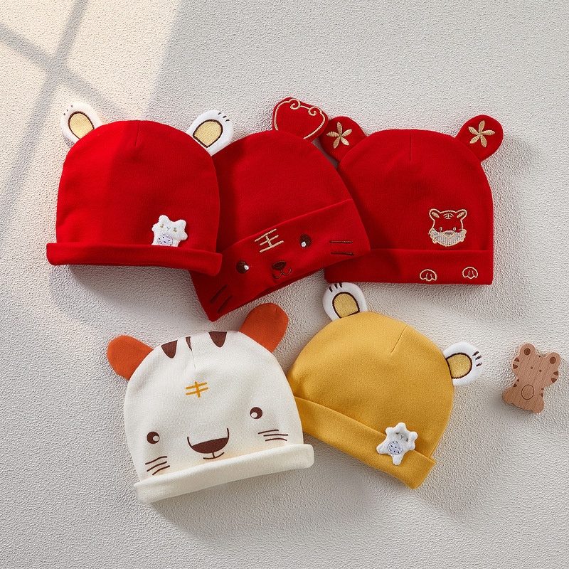 婴幼新生儿双层初生宝宝护囟门可爱套头胎帽婴儿春秋款冬红色可爱