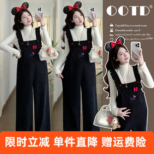 孕妇秋冬装加绒加厚2025新款圣诞新年氛围感背带裤套装