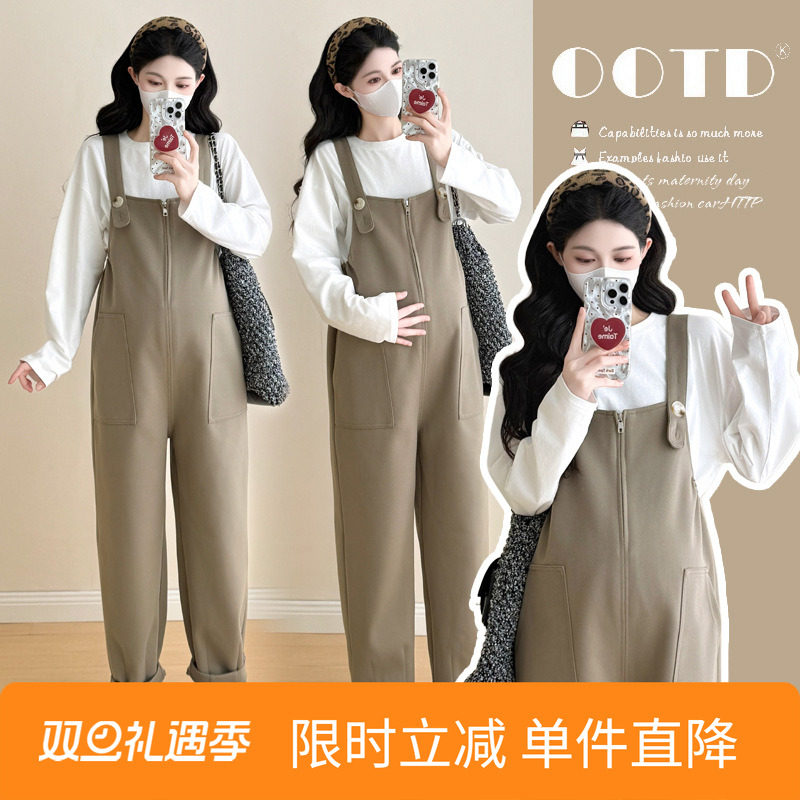 2025秋冬450克加厚星空斜纹毛呢宽松孕妇背带裤+打底衫孕妇套装