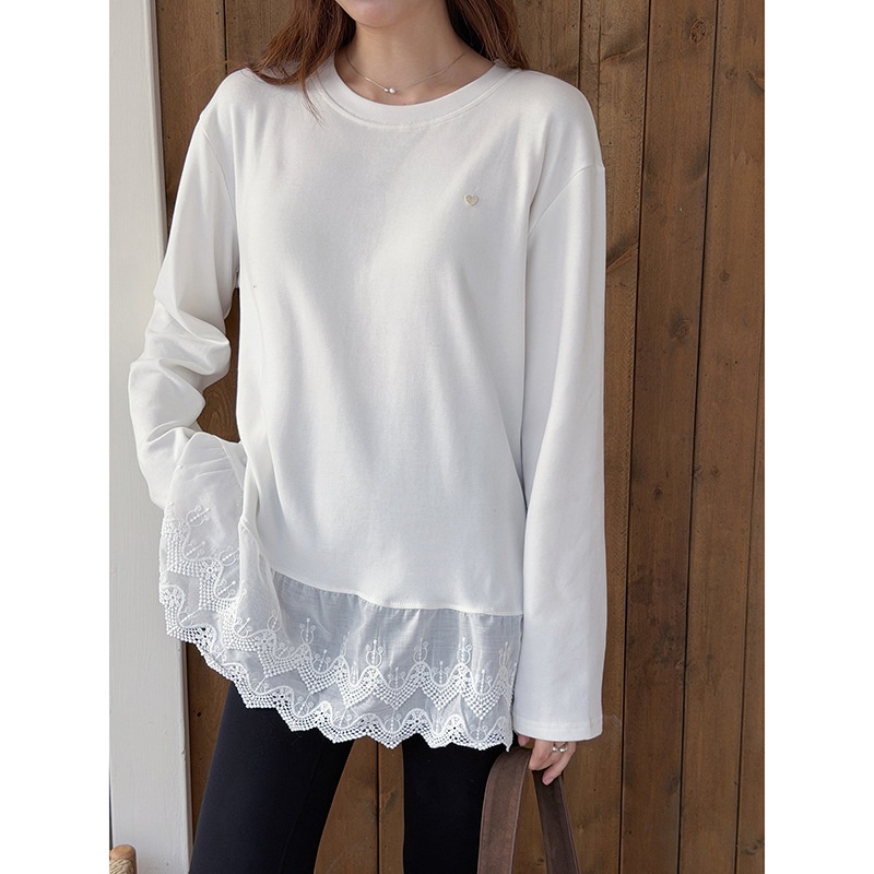 【】法式复古蕾丝拼接下摆圆领t恤女冬季新款宽松打底衫w941c