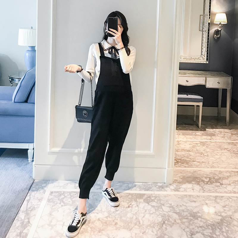 孕妇秋季时尚套装孕妇针织宽松背带裤翻领打底衣潮妈秋装两件套女满168元可用5元优惠券
