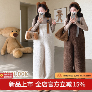 孕妇套装 羊羔毛背带裤 加绒加厚韩版 现货秋冬孕妇半高领针织上衣