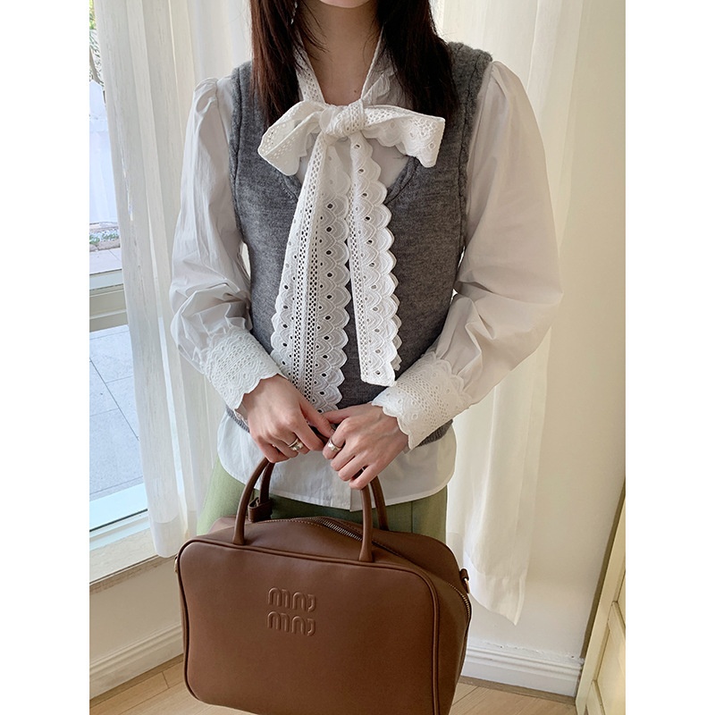 【】法式复古蕾丝绑带衬衫女秋季新款韩系通勤长袖上衣x1190f