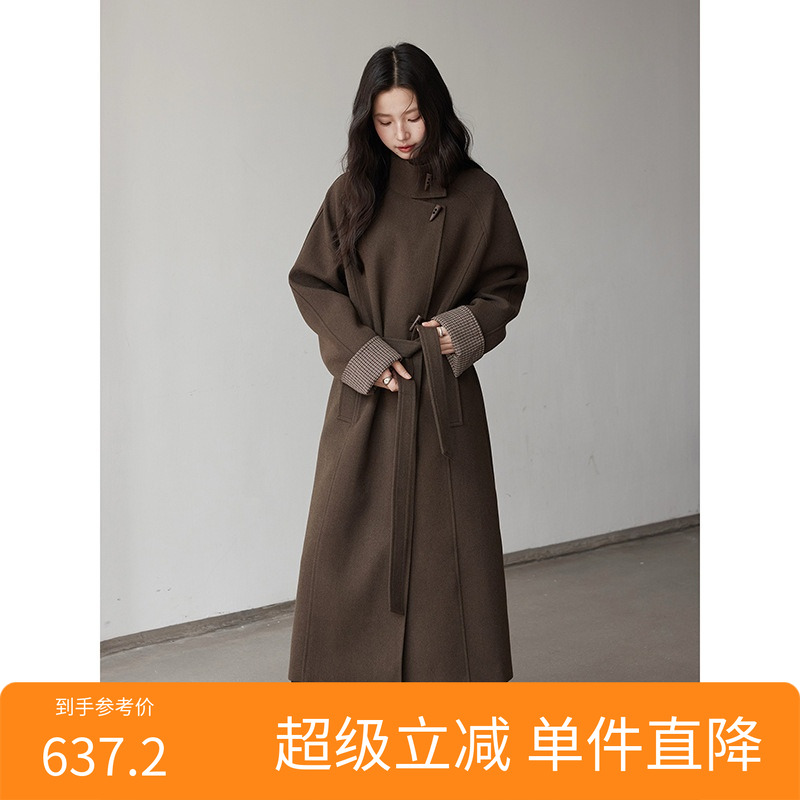 【悉尼往事格纹拼接毛呢】复古毛呢外套女冬季新款大衣w693c