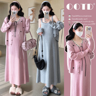 吊带裙套装 现货2025秋冬新款 孕妇刺绣爱心设计感气质显瘦开衫