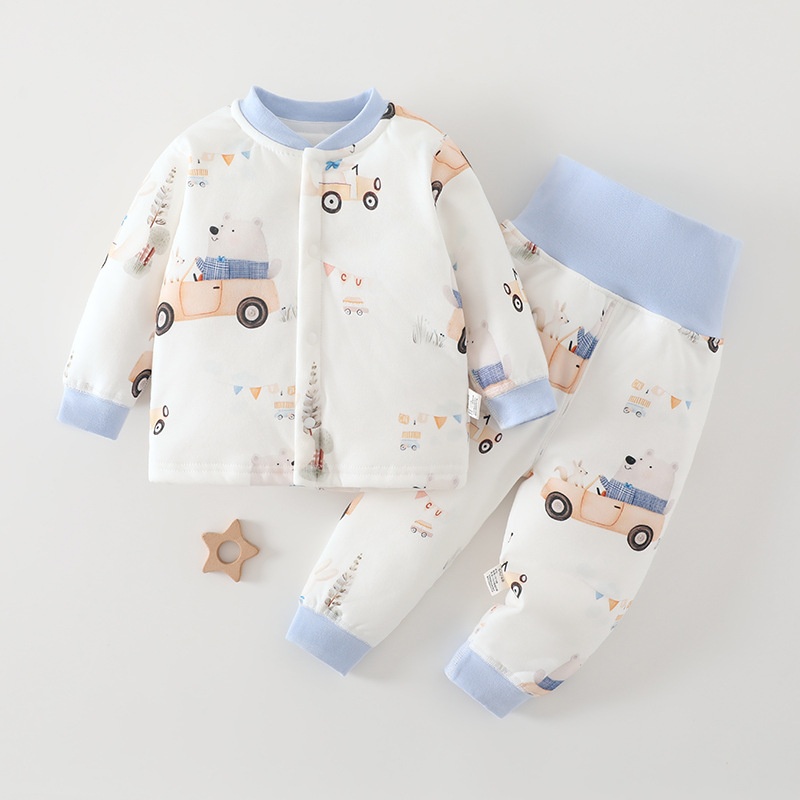 婴儿棉衣套装冬季保暖男女宝宝夹棉棉袄衣服卡通套装家居服睡衣