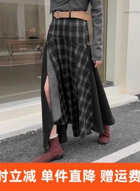 【弘大艺术生】复古不规则撞色格子半身裙女冬季a字裙子n767c