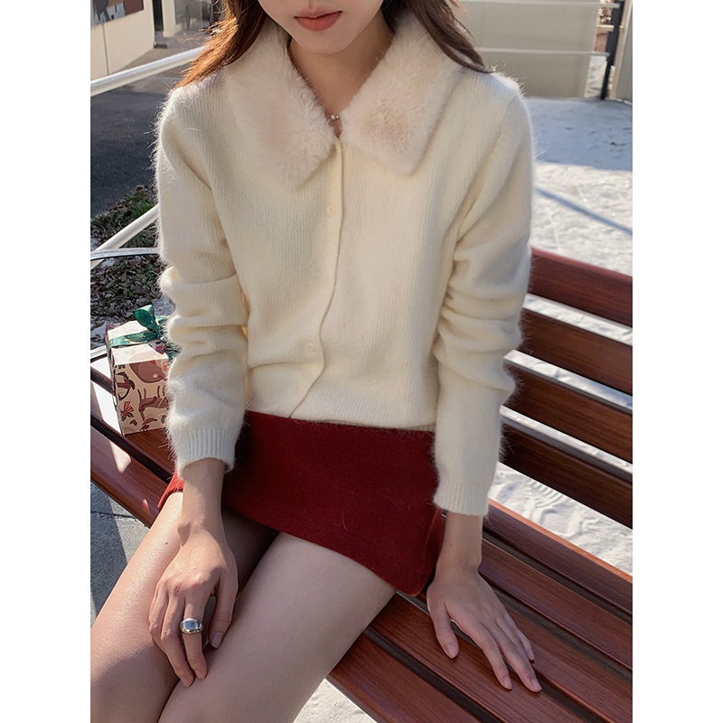 【vintage经济上行】歌铭复古可拆皮领兔毛针织开衫冬季毛衣N882C