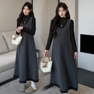 简约中长款 显瘦孕妇套装 毛呢花边背心裙 打底衫 修身 2025秋冬新款
