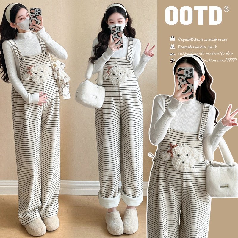 孕妇宽松休闲条纹背带裤秋冬新款加绒加厚大码孕妇裤+打底衫套装