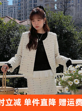 【】复古波点蕾丝花边小香风外套女+包臀半身裙两件套装n718b