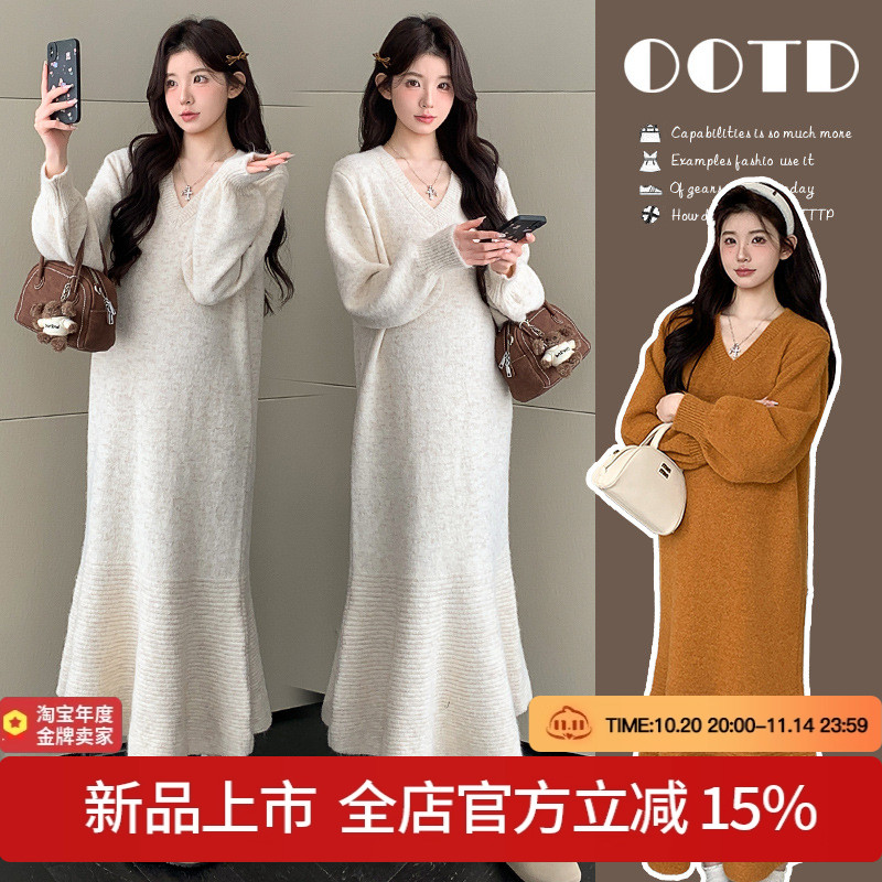 孕妇连衣裙2025秋冬v领显瘦中长款鱼尾针织连衣裙