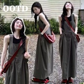 T恤套装 孕妇灰绿长款 短袖 挂脖连衣裙 方领H型扭结无袖