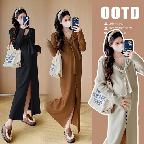 孕妇连衣裙2025秋冬新品V领带披肩气质中长款前开叉小女人打底裙