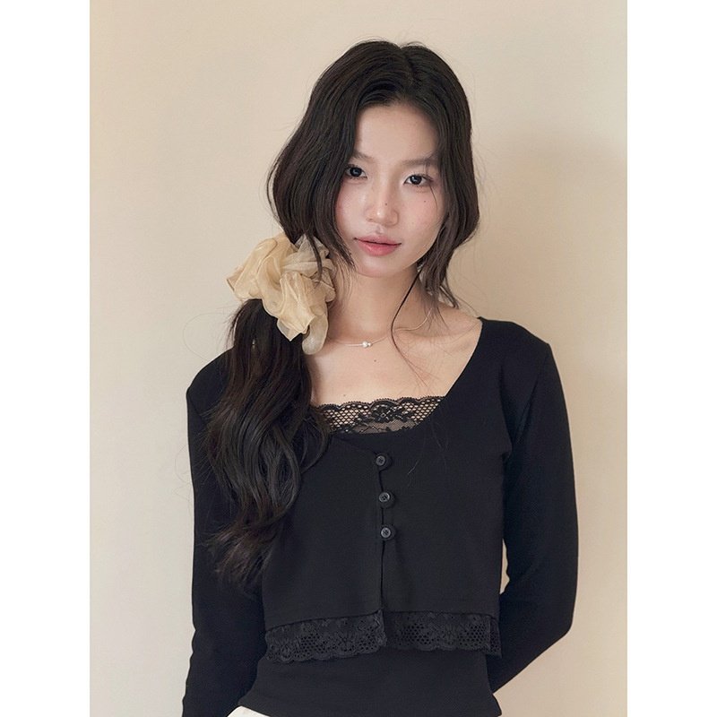 【蔷薇之语 过渡季2件套】v领蕾丝花边小衫女+吊带背心y2819f