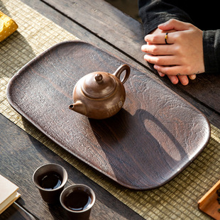 客厅功夫茶道茶具酒店托盘 黑檀木干泡台茶盘喷沙整块实木家用中式