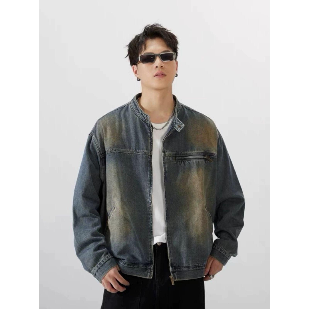 美式水洗复古怀旧蓝牛仔外套男春秋潮牌宽松重工痞帅拉链夹克上衣