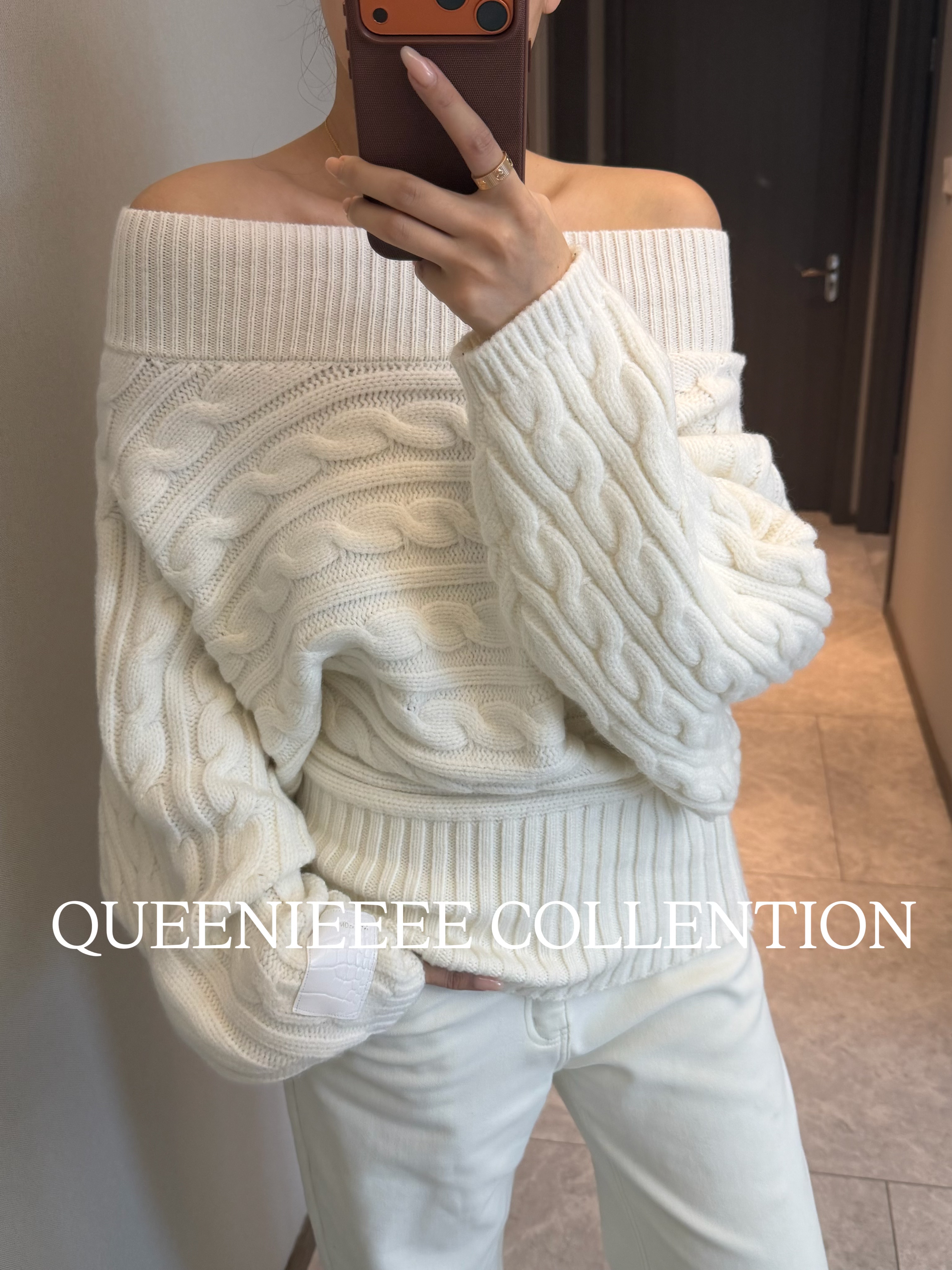 QUEENIE2026早春新款纯欲风一字肩麻花毛衣慵懒松弛感针织衫上衣