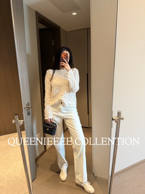 QUEENIE2026早春新款 TR 极简白色匹马棉高腰显瘦显高直筒牛仔裤