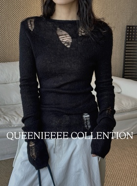 QUEENIE2026早春新款 时髦设计感圆领镂空羊毛毛衣显瘦长袖上衣女
