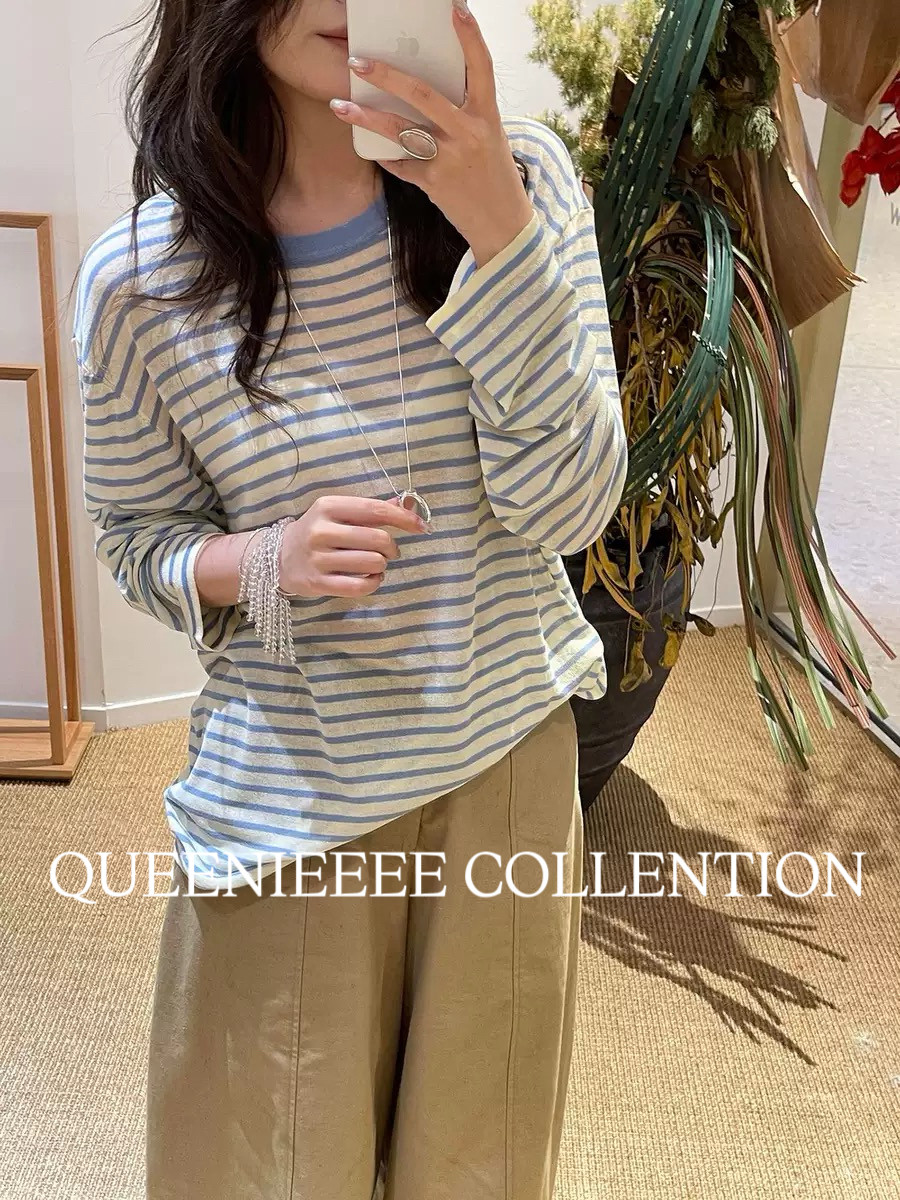 QUEENIE26早春新款 慵懒松弛感蓝色条纹圆领长袖针织T恤宽松上衣