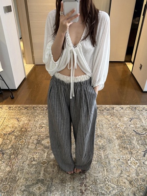 QUEENIE夏季新款 宋祖儿同款亚麻双腰头碎花拼接条纹宽松阔腿裤女