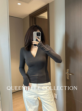 QUEENIE2025秋冬新款 金靖同款天丝羊毛显瘦拉链V领修身上衣T恤