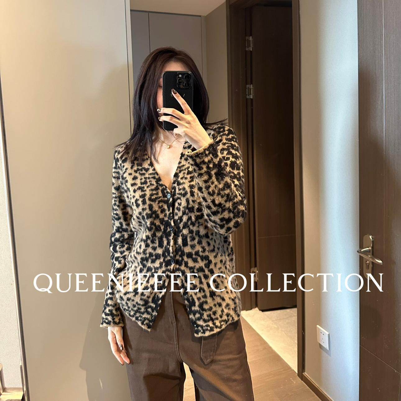 QUEENIE2025早春新款 美式复古豹纹软糯拉毛v领针织开衫毛衣外套