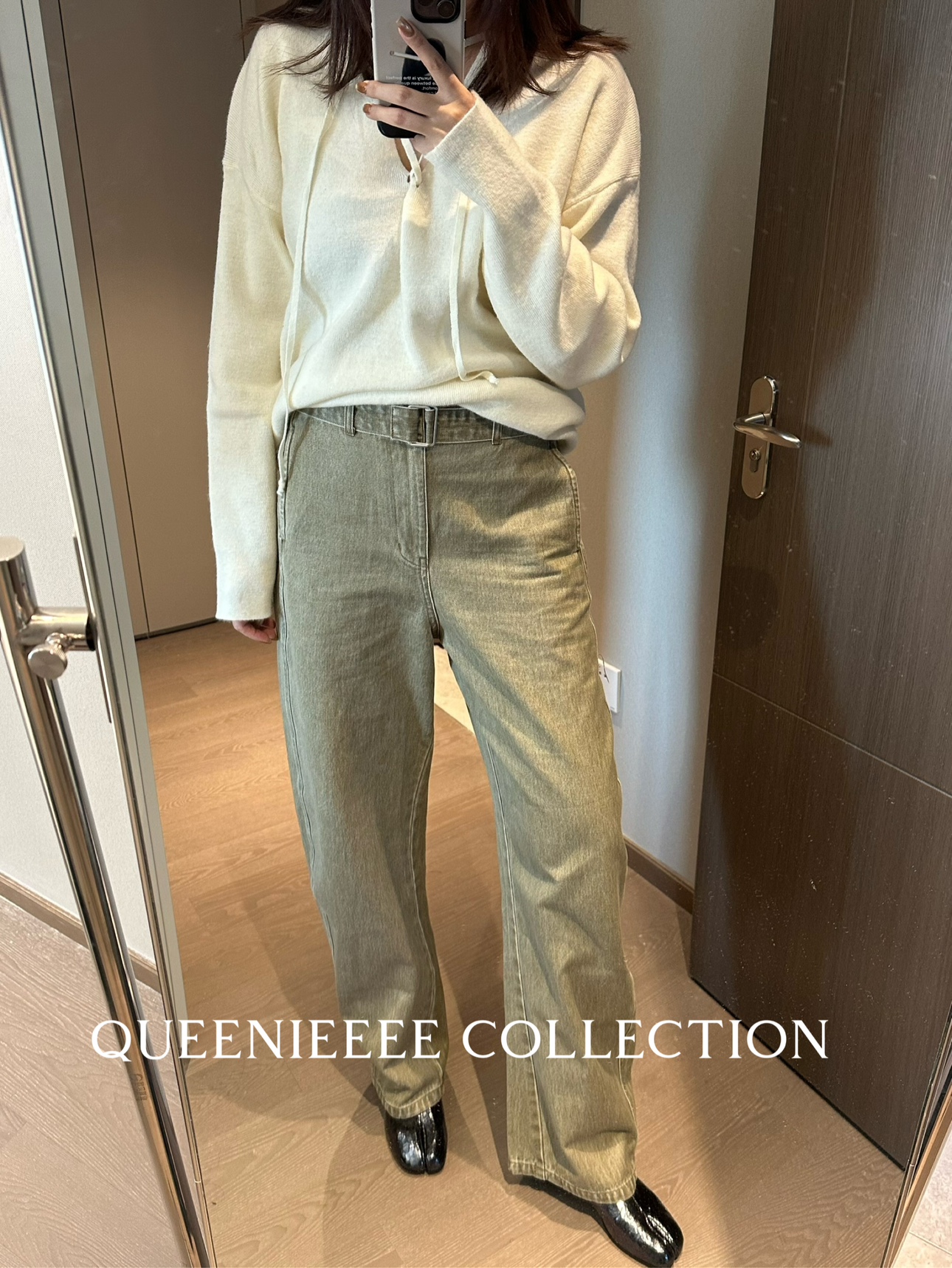 QUEENIE2025新款正确版--复古水洗灰绿色侧扭缝设计高腰牛仔长裤