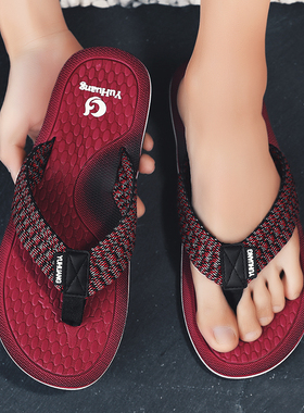 本命年红色凉拖鞋男士时尚潮流高端布带透气防臭防滑耐磨人字拖夏