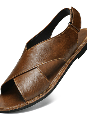 手工缝制真皮复古凉鞋男士夏季平跟休闲凉鞋室外穿沙滩鞋46大码47