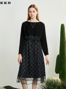 【一一专属】圆领褶皱格纹收腰网纱连衣裙S231Z1279